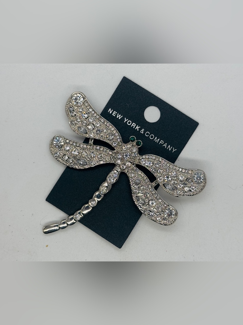 New York Company Silver Tone Crystal Dragonfly Brooch Pin Green Rhinestone Y2K
